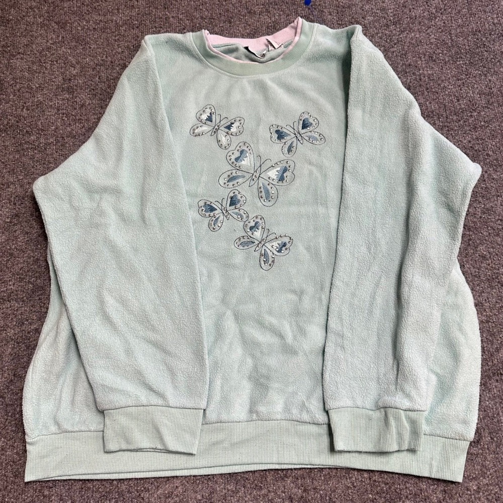 Madison Taylor Sweatshirt Womens 2X Mint Green Butterfly Fleece Studded Casual